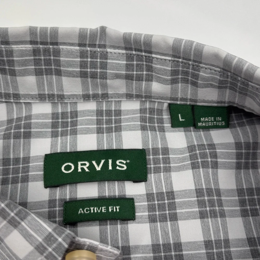 Orvis Men's L Active Fit Polyester Gray Plaid‎ Long Sleeve Button Shirt